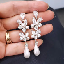Load image into Gallery viewer, Lovely, Petitie, Crystal Earrings for the Bride with White Glass Pearl drop and CZ crystal inlay