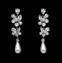 Load image into Gallery viewer, Lovely, Petitie, Crystal Earrings for the Bride with White Glass Pearl drop and CZ crystal inlay