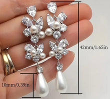 Load image into Gallery viewer, Lovely, Petitie, Crystal Earrings for the Bride with White Glass Pearl drop and CZ crystal inlay