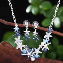 Load image into Gallery viewer, Beach Themed Necklace and Earring set in Sea Blue and Silver Colorations with Starfish Focals