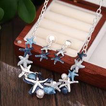 Load image into Gallery viewer, Beach Themed Necklace and Earring set in Sea Blue and Silver Colorations with Starfish Focals