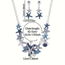 Load image into Gallery viewer, Beach Themed Necklace and Earring set in Sea Blue and Silver Colorations with Starfish Focals