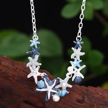Load image into Gallery viewer, Beach Themed Necklace and Earring set in Sea Blue and Silver Colorations with Starfish Focals
