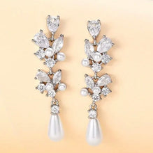 Load image into Gallery viewer, Lovely, Petitie, Crystal Earrings for the Bride with White Glass Pearl drop and CZ crystal inlay