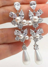 Load image into Gallery viewer, Lovely, Petitie, Crystal Earrings for the Bride with White Glass Pearl drop and CZ crystal inlay