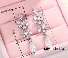 Load image into Gallery viewer, Lovely, Petitie, Crystal Earrings for the Bride with White Glass Pearl drop and CZ crystal inlay