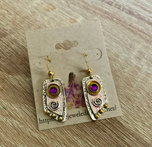 Load image into Gallery viewer, Mini-Metal Geometric Drop Earrings in 2 Metal Color Ways and Embedded Purple Round