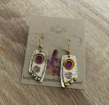Load image into Gallery viewer, Mini-Metal Geometric Drop Earrings in 2 Metal Color Ways and Embedded Purple Round
