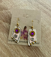 Load image into Gallery viewer, Mini-Metal Geometric Drop Earrings in 2 Metal Color Ways and Embedded Purple Round