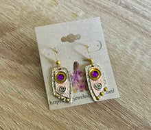 Load image into Gallery viewer, Mini-Metal Geometric Drop Earrings in 2 Metal Color Ways and Embedded Purple Round