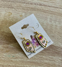 Load image into Gallery viewer, Mini-Metal Geometric Drop Earrings in 2 Metal Color Ways and Embedded Purple Round