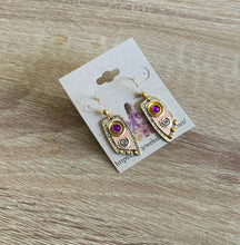 Load image into Gallery viewer, Mini-Metal Geometric Drop Earrings in 2 Metal Color Ways and Embedded Purple Round