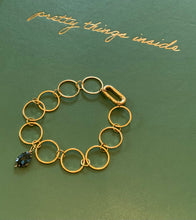 Load image into Gallery viewer, Gold Filled Circular Connected Bracelet with Sapphire Blue Crystal Charm and Lever Clasp For Adding Charms and Adjusting Length.