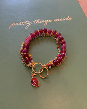 Load image into Gallery viewer, Triple Strand Semi Precious, Beaded Chain with Ruby, Sun Stone and Fuchsia Colored Beads with Ruby Red Leaf Charm