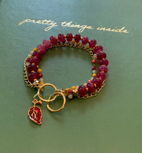 Load image into Gallery viewer, Triple Strand Semi Precious, Beaded Chain with Ruby, Sun Stone and Fuchsia Colored Beads with Ruby Red Leaf Charm