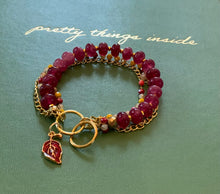 Load image into Gallery viewer, Triple Strand Semi Precious, Beaded Chain with Ruby, Sun Stone and Fuchsia Colored Beads with Ruby Red Leaf Charm