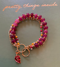 Load image into Gallery viewer, Triple Strand Semi Precious, Beaded Chain with Ruby, Sun Stone and Fuchsia Colored Beads with Ruby Red Leaf Charm