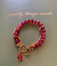 Load image into Gallery viewer, Triple Strand Semi Precious, Beaded Chain with Ruby, Sun Stone and Fuchsia Colored Beads with Ruby Red Leaf Charm