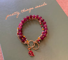 Load image into Gallery viewer, Triple Strand Semi Precious, Beaded Chain with Ruby, Sun Stone and Fuchsia Colored Beads with Ruby Red Leaf Charm
