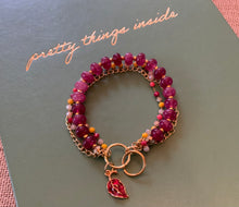 Load image into Gallery viewer, Triple Strand Semi Precious, Beaded Chain with Ruby, Sun Stone and Fuchsia Colored Beads with Ruby Red Leaf Charm