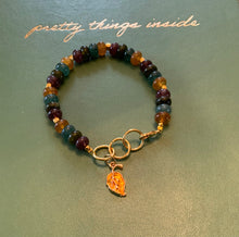 Load image into Gallery viewer, Citrine, Aquamarine, Aventurine and Ruby Colored Glass Crystal Beaded Bracelet with Gold Filled Spacer Beads and Autumn Gold, Leaf Charm