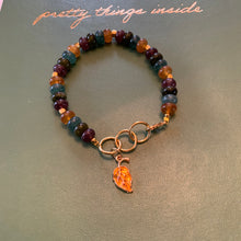 Load image into Gallery viewer, Citrine, Aquamarine, Aventurine and Ruby Colored Glass Crystal Beaded Bracelet with Gold Filled Spacer Beads and Autumn Gold, Leaf Charm