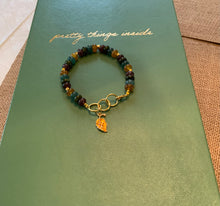 Load image into Gallery viewer, Citrine, Aquamarine, Aventurine and Ruby Colored Glass Crystal Beaded Bracelet with Gold Filled Spacer Beads and Autumn Gold, Leaf Charm