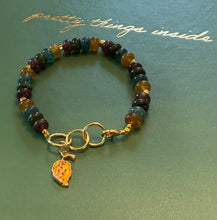 Load image into Gallery viewer, Citrine, Aquamarine, Aventurine and Ruby Colored Glass Crystal Beaded Bracelet with Gold Filled Spacer Beads and Autumn Gold, Leaf Charm