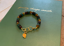 Load image into Gallery viewer, Citrine, Aquamarine, Aventurine and Ruby Colored Glass Crystal Beaded Bracelet with Gold Filled Spacer Beads and Autumn Gold, Leaf Charm