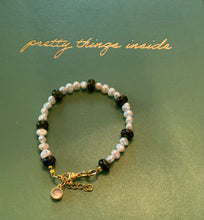 Load image into Gallery viewer, Gemstone and Freshwater Pearl Bracelet with Chain Extension and Gold Plated Clear, Crystal Charm