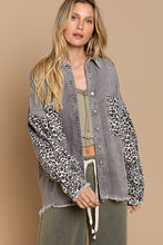 Load image into Gallery viewer, POL # 1165C-Women’s Denim Shacket/Jacket in Grey and Leopard Print Sleeves-Was $128.00, NOW $59.99