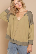 Load image into Gallery viewer, POL CLOTHING-NOW $39.99-Women’s V-Neck Top (#194) in Contrasting Dark and Light Olive WAS-$59.00