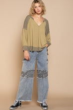Load image into Gallery viewer, POL CLOTHING-NOW $39.99-Women’s V-Neck Top (#194) in Contrasting Dark and Light Olive WAS-$59.00
