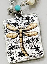 Load image into Gallery viewer, Dragonfly Earring and Necklace Set in Silver/Gold Tone Metal and Tuquoise/Freshwater Pearl Bead Colorations