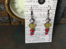 Load image into Gallery viewer, Czech Glass, Boho, Hand Crafted, Fun N Funky, Beaded Earrings in Red Czech Glass Beads with Lt. Green Frosted Glass Leaves