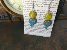 Load image into Gallery viewer, Czech Glass, Boho,Hand Crafted, Beaded Earrings in Aqua/Bronze Czech Glass Beads, Lime Green/Gold Czech Beads and Aqua Swarovski Crystal