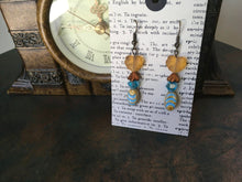 Load image into Gallery viewer, Czech Glass, Boho,Hand Crafted, Earrings in Blue/Cream Ceramic Beads with Copper Colored Glass Flowers and Frosted Amber Colored Leaves