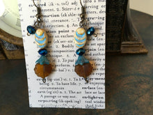 Load image into Gallery viewer, Czech Glass, Boho,Hand Crafted, Earrings in Blue/Cream Ceramic Beads with Robin's Egg Blue Colored Glass Flowers and Amber Colored Leaves