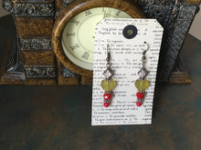Load image into Gallery viewer, Czech Glass, Boho, Hand Crafted, Fun N Funky, Beaded Earrings in Red Czech Glass Beads with Lt. Green Frosted Glass Leaves