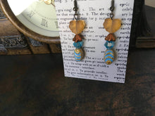 Load image into Gallery viewer, Czech Glass, Boho,Hand Crafted, Earrings in Blue/Cream Ceramic Beads with Copper Colored Glass Flowers and Frosted Amber Colored Leaves