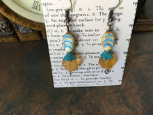 Load image into Gallery viewer, Czech Glass, Boho,Hand Crafted, Earrings in Blue/Cream Ceramic Beads with Robin's Egg Blue Colored Glass Flowers and Amber Colored Leaves