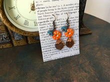 Load image into Gallery viewer, Czech Glass, Boho,Hand Crafted, Earrings in Sunburst Orange Czech Glass Beads W/ Aqua Colored Glass Flowers and Amber Colored Glass Leaves