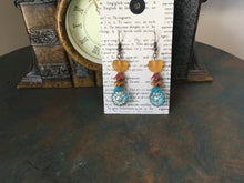 Load image into Gallery viewer, Czech Glass, Boho,Hand Crafted, Earrings in Blue/Gold Czech Glass Beads with Copper Colored Glass Flowers and Frosted Amber Colored Leaves