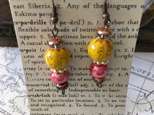 Load image into Gallery viewer, Hand Crafted, Fun N Funky, Dangle Earrings in Pomegranite and Squash Colored Ceramic Beads with Rose Gold Colored Crystals