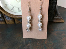 Load image into Gallery viewer, Lovely, Bridal, Drop Earrings with White Glass Pearls, Silver Tone Findings and Clear Swarovski Crystal