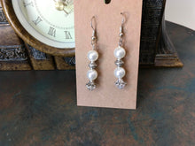 Load image into Gallery viewer, Lovely, Bridal, Drop Earrings with White Glass Pearls, Silver Tone Findings and Clear Swarovski Crystal