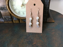 Load image into Gallery viewer, Lovely, Bridal, Drop Earrings with White Glass Pearls, Silver Tone Findings and Clear Swarovski Crystal