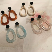 Load image into Gallery viewer, Retro, Geometric, Oval, Resin, Drop Earrings in Amber Gold, Creamy Toffee, Sea Green Blue, and Pastel Pink, Color Choices