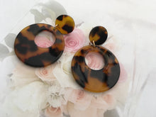 Load image into Gallery viewer, Retro, Dark Tortoise Shell, Geometric, Circle Drop, Resin Earrings with Smaller Circle Push Back