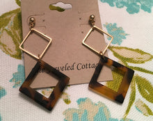 Load image into Gallery viewer, Retro, Tortoise Shell, Geometric, Double Square, Resin and Metal, Drop Earrings